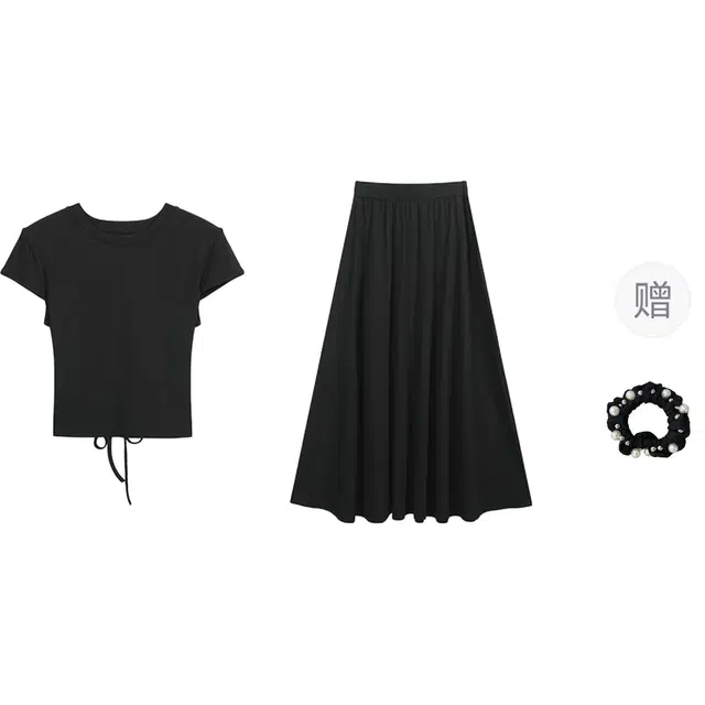 雾闪闪 休闲松弛感纯色圆领短袖上衣高腰皱褶遮胯半裙两件套裙装套装 女款
