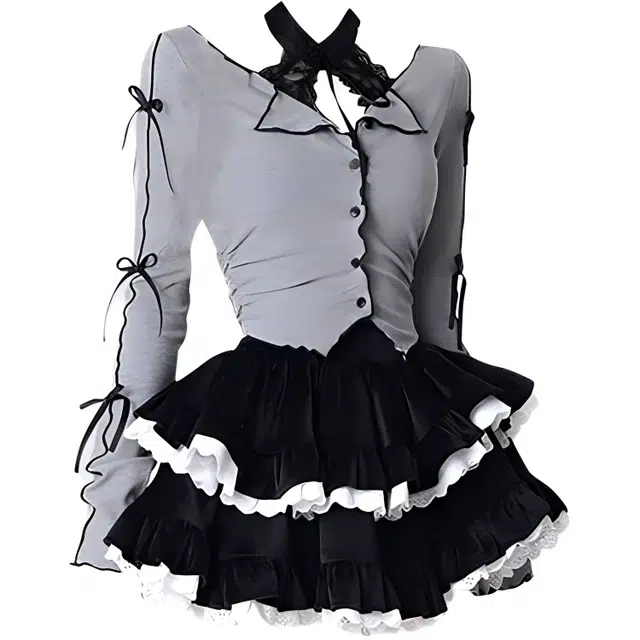 哒头下雨不愁 纯欲风灰色长袖甜辣蓬蓬开衫芭蕾黑色灯芯绒短裙蛋糕上衣裙装套装 女款