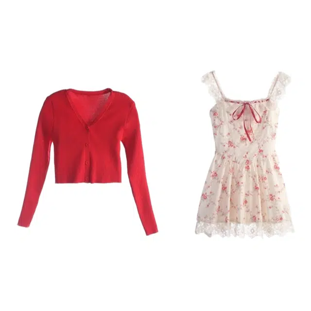 怪力萝莉 碎花法式甜美蕾丝裙装套装 女款 红色