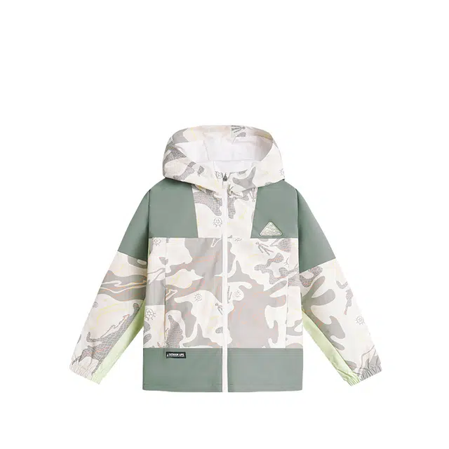 大童 鸿星尔克儿童 字母印花连帽拉链休闲长袖风衣 奶酪白