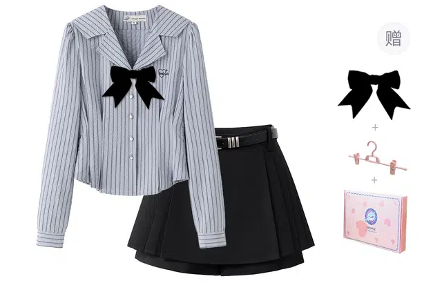 东鲸岁时记 学院风辣妹风尖领上衣中腰修身半裙制服 女款 蓝色+黑色