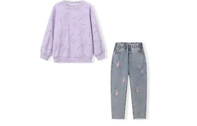 梦特娇 童装 小兔印花长袖卫衣直筒牛仔裤休闲运动套装 女童