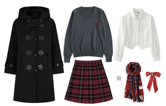 九条喵 学院风牛角扣加厚连帽外套针织舒适时尚毛衣通勤内搭纯色长袖衬衫格子百褶半身裙制服 女款