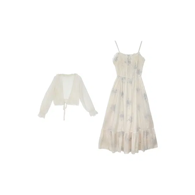 沐晓欣 文艺风简约日常通勤百搭优雅气质纯色显瘦高级感小众网纱拼接蕾丝花边吊带裙外搭裙装套装 女款