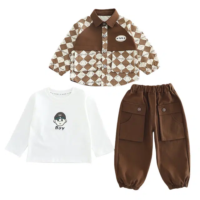 雅鹿休闲运动套装 舒适洋气百搭拼接纯色 咖啡色 中小童