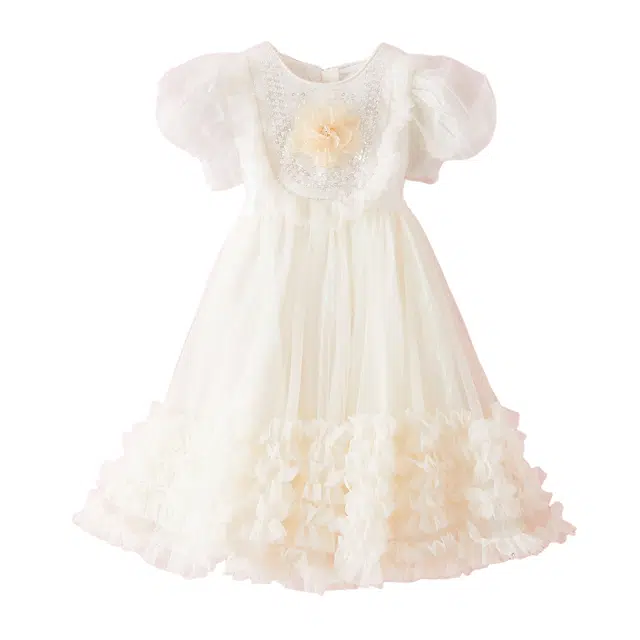 十月妈咪 圆领甜美舒适短袖儿童连衣裙 儿童款 闪耀白