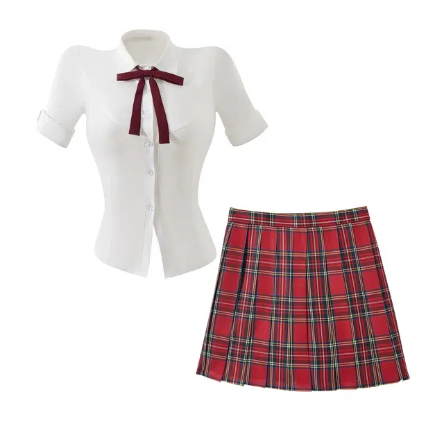 花山家的猫 时尚收腰短袖衬衫高腰百褶裙制服 女款 红色格纹