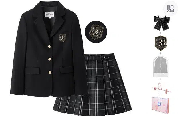 东鲸岁时记 学院风纯色西装裤修身长袖上衣格子中腰百褶短裙制服 女款 黑色