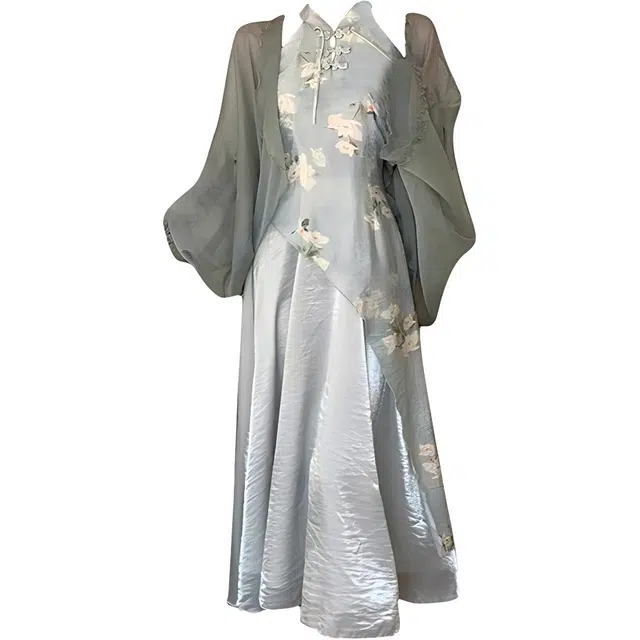 敲模女孩 新中式无袖国风挂脖旗袍开衫裙装套装 女款 绿色