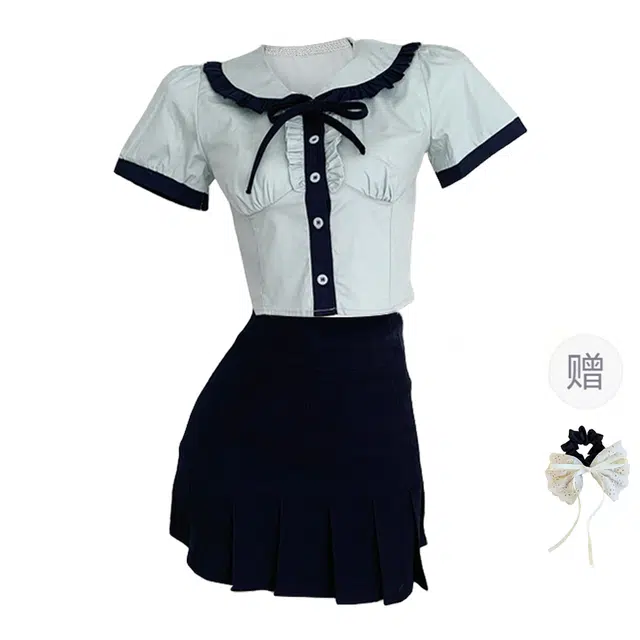 涂诗菲 制服甜美温柔上衣显瘦木耳边包臀短裙裙装套装 女款