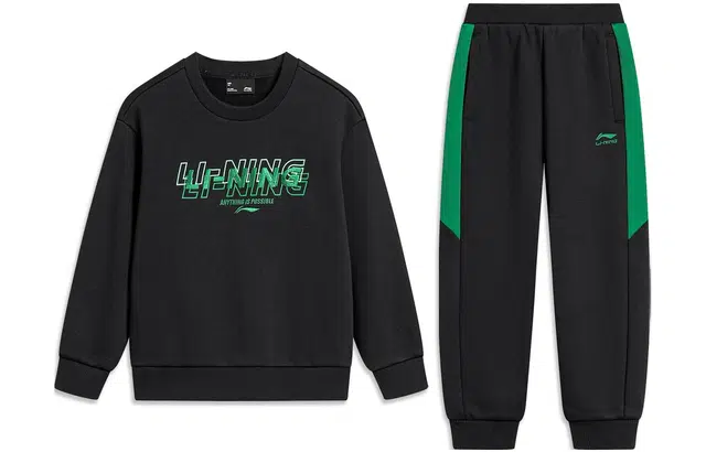 李宁儿童 运动生活系列 字母印花保暖套头卫衣束脚长裤加绒加厚休闲运动套装 儿童款 黑色