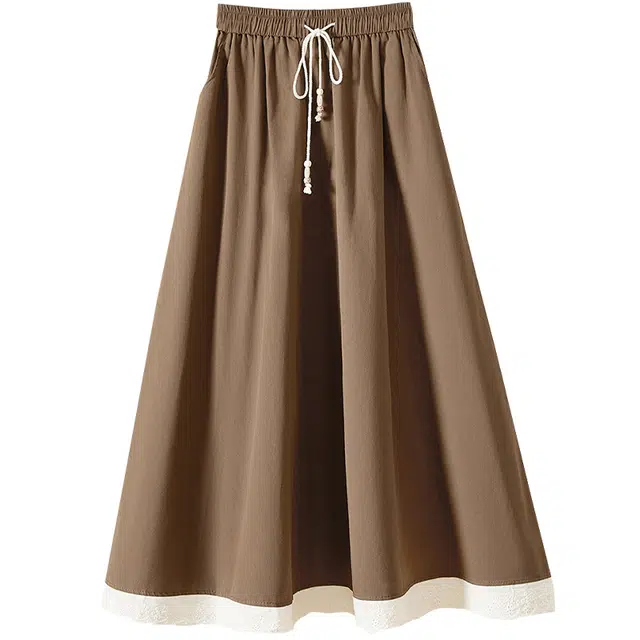 她池 优雅蕾丝边通勤简约休闲长裙 女款 咖色