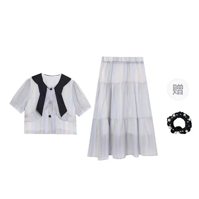 雾闪闪 法式复古温柔气质上衣高腰遮胯半身裙裙装套装 女款