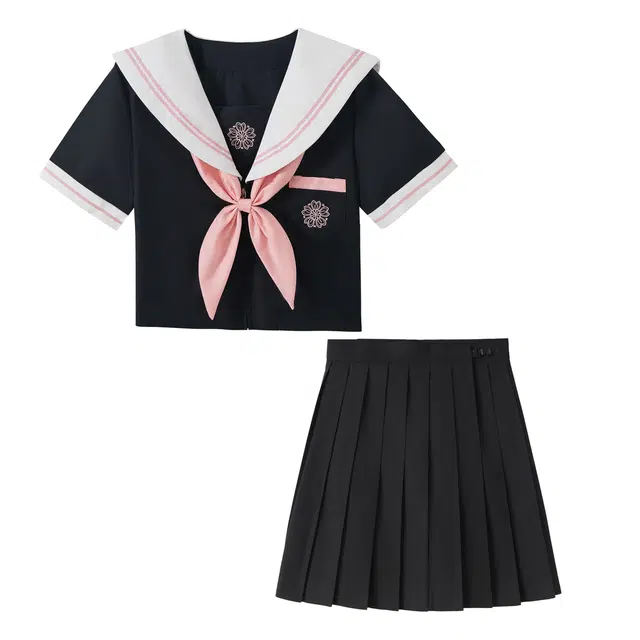 花山家的猫 日式海军领蝴蝶结舒适短袖上衣高腰合身简约短款百褶裙制服 女款