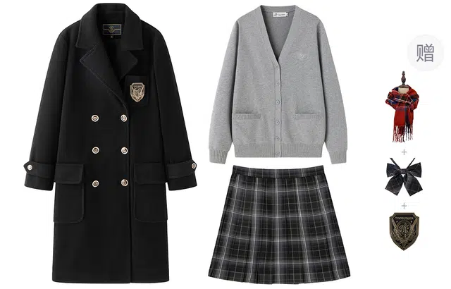 东鲸岁时记 经典学院风中长款大衣宽松开衫长袖针织衫格子百褶短裙制服 女款