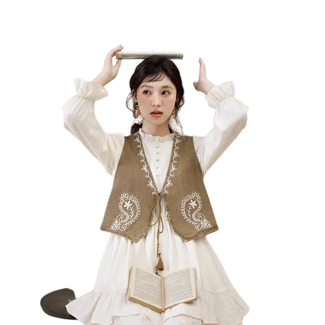 谜秀 西部游牧风古罗马风复古重工古典优雅气质牛仔马甲连衣裙春复古通勤两件套裙装套装 女款 浅咖色