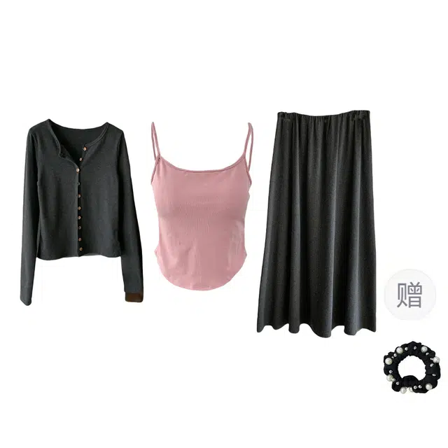 雾闪闪 韩系减龄设计感一整套针织开衫自带胸垫吊带高腰半身裙三件套裙装套装 女款