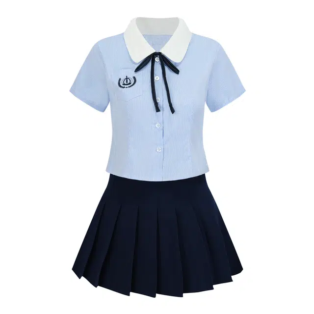 九条喵 收腰拼色翻领短袖衬衫学院风百褶短裙制服套装 女款