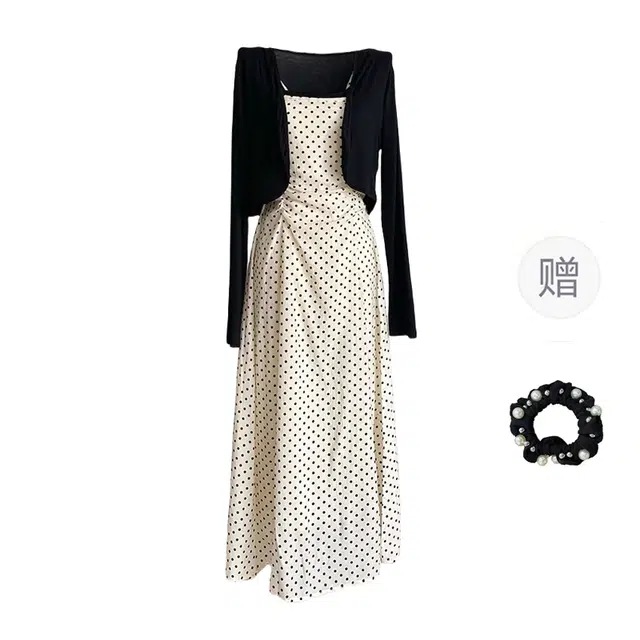 雾闪闪 温柔气质波点显瘦吊带连衣裙开衫两件套裙装套装 女款