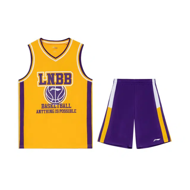 李宁儿童 童装 篮球系列 字母印花背心运动短裤休闲运动套装 男童 光谱黄/新湖人紫