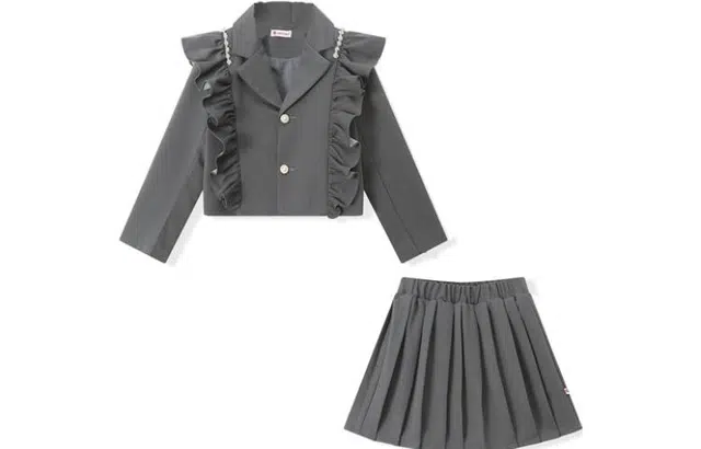 梦特娇 童装 西装外套百褶短裙裙装套装 女童 灰色