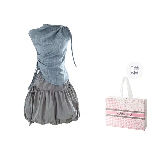 桴生 韩系半高领显瘦修身气质优雅时尚设计感小众蓝色条纹抽绳绑带衬衫无袖上衣高腰休闲宽松花苞短裙裙装套装 女款