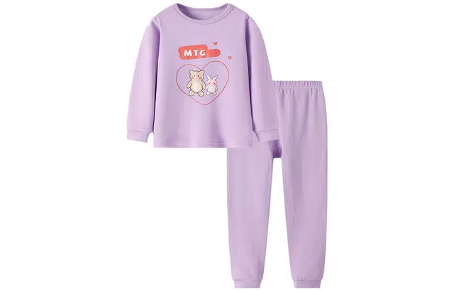 梦特娇 童装 圆领印花上衣纯色下装保暖套装 女童 紫色熊兔