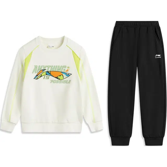 李宁儿童休闲运动套装 运动生活系列 字母圆领套头长袖卫衣舒适亲肤时尚长裤 乳白色/黑色 中小童