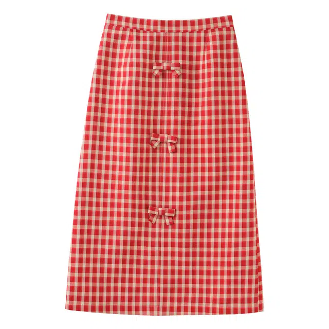 花栗鼠小姐 蝴蝶结半裙 复古甜美减龄高腰立体蝴蝶结合身直筒开叉含里布休闲长裙 女款