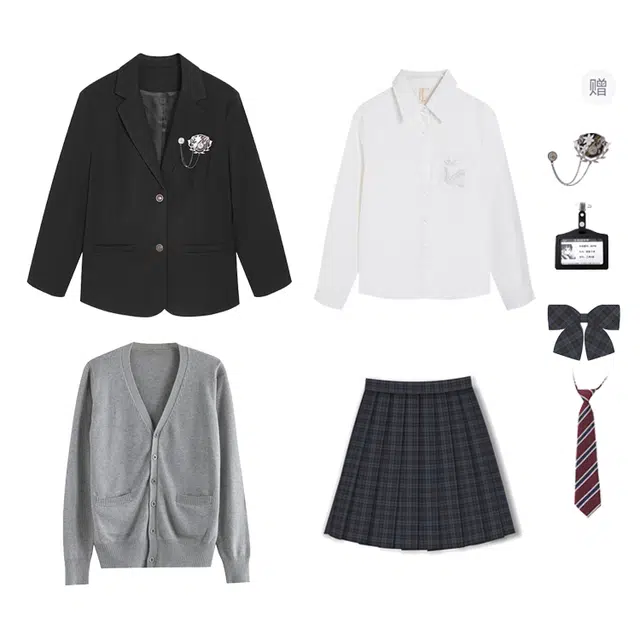 冰淇淋与鲸 学院风通勤穿搭单排扣西服外套宽松休闲长袖针织开衫内搭经典格子短裙百褶制服 女款