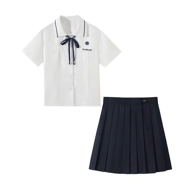 花山家的猫 纯色褶皱蝴蝶结上衣中腰合身短裙制服 女款 黑色