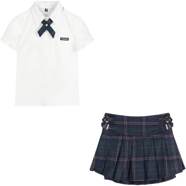 怪力萝莉 学院风制服少女风格纹百褶裙花边衬衫学院风百褶裙裙装套装 女款