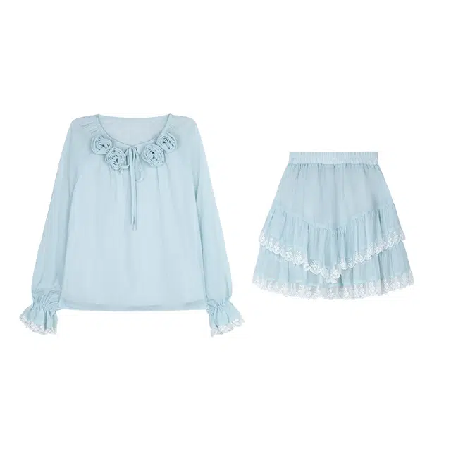 松本丧丧 两件套显瘦减龄薄荷绿温柔荷叶边衬衫裙装套装 女款 薄荷绿衬衫+短裙