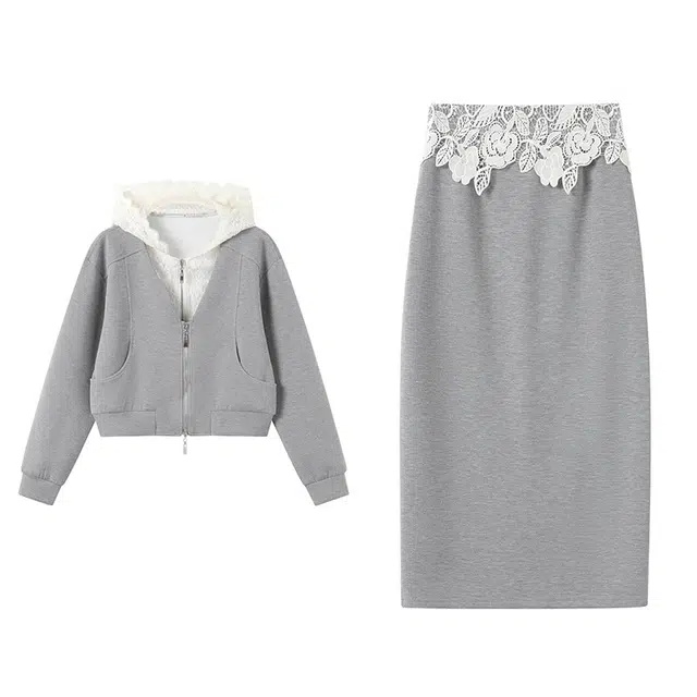 古莲菲 韩系运动装设计感连帽卫衣外套高腰半身裙裙装套装 女款 灰色