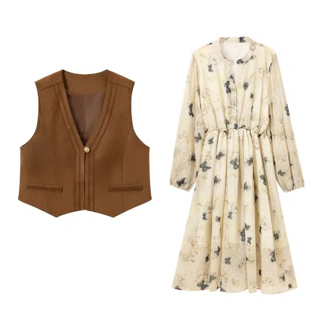 思蓓儿 慵懒感舒适简约马甲碎花气质高级感连衣裙裙装套装 女款