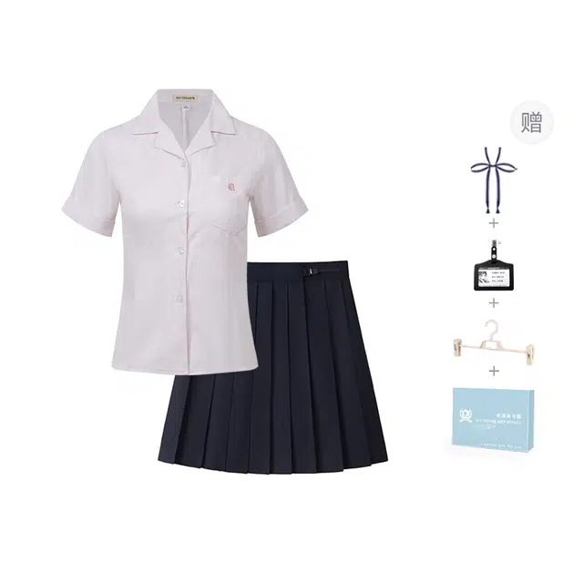 冰淇淋与鲸 夏季 学院风条纹修身衬衣开襟短袖高腰百褶裙制服 女款 礼盒装 上衣（白色）+短裙（黑色）礼品盒