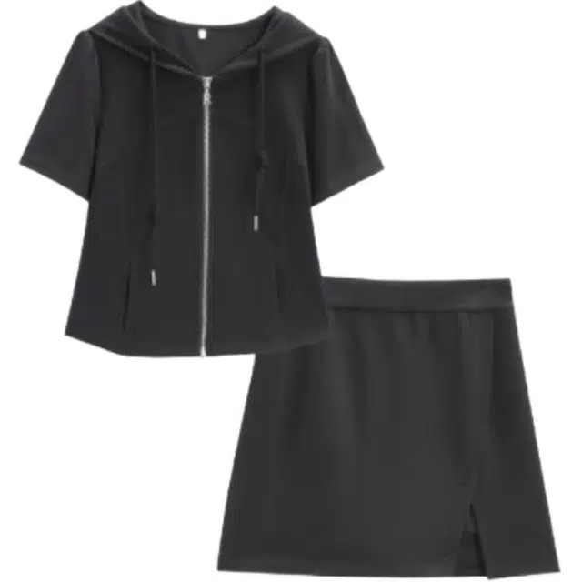 爱依服 纯色连帽短袖拉链上衣开叉休闲半身裙装套装 女款 黑色