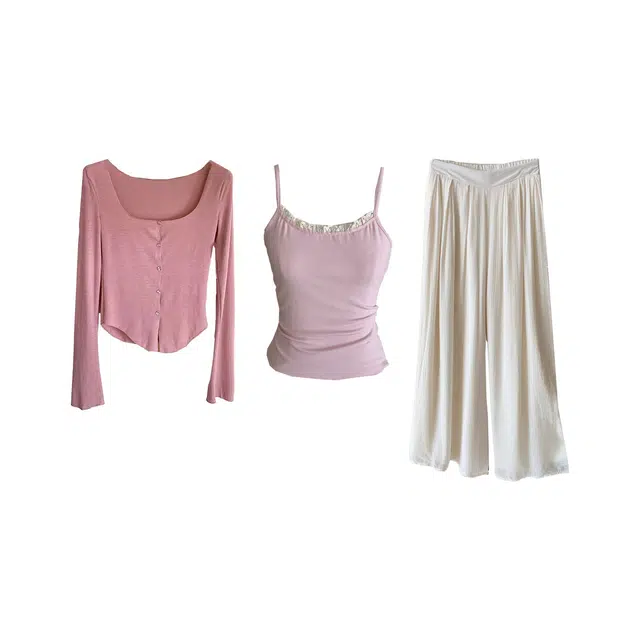 涂诗菲 纯欲风甜美蕾丝花边三件套氧气舒服垂感高腰裤裙性感小吊带背心裙装套装 女款