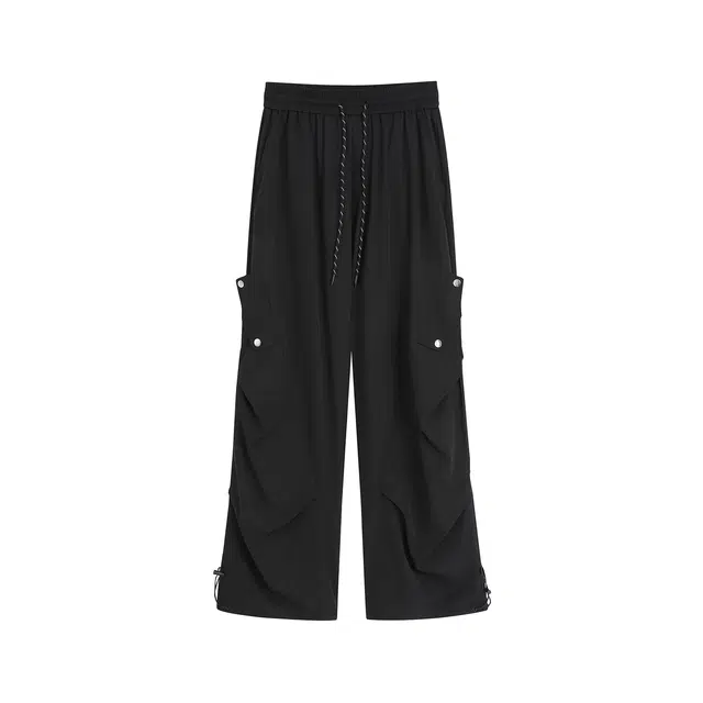 哲源 美式复古潮流时尚百搭褶皱直筒简约系带设计户外日常通勤透气舒适百搭运动宽松长裤休闲裤 男女同款