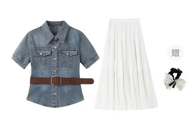 涂诗菲 港风设计感复古翻领收腰短袖牛仔外套高级感压褶垂感高腰显瘦半身裙裙装套装 女款