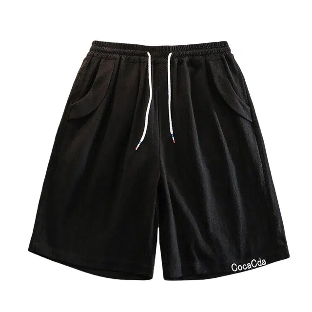 哲源 美式高街潮流宽松系带抽绳刺绣设计水洗纯棉纯色撞色直筒微弹百搭舒适透气薄款直筒运动沙滩五分休闲短裤 男女同款