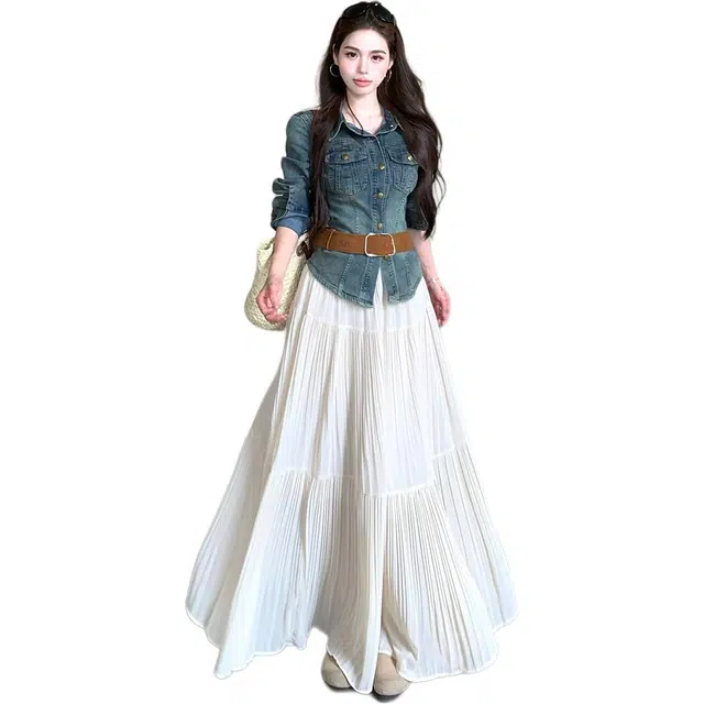 敲模女孩 甜酷风复古做旧收腰修身牛仔外套高腰大裙摆雪纺半身裙裙装套装 女款