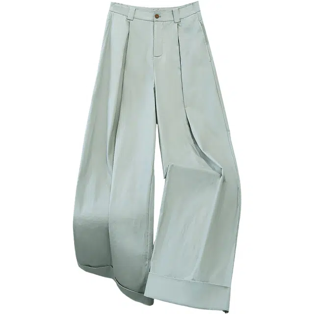 她池 设计感高腰宽松阔腿百搭简约舒适休闲裤 女款 豆绿色