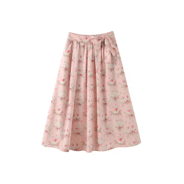 花栗鼠小姐 小野春和 烂漫少女浅春系穿搭花朵褶皱感休闲长裙 女款