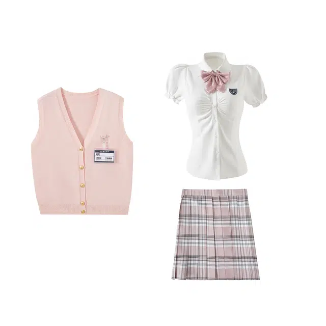 花山家的猫 学院风单排扣马甲尖领收腰衬衫百褶裙制服 女款