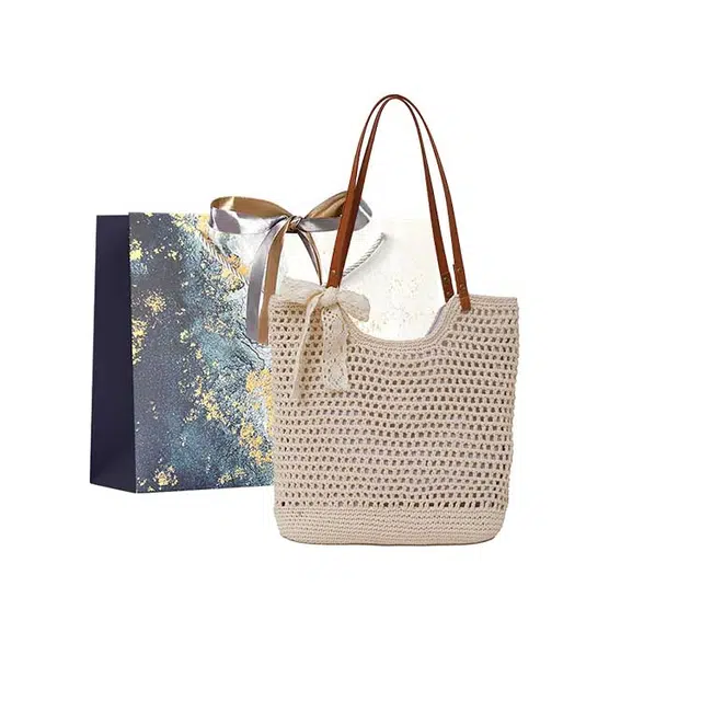 伊曼家 棉线镂空气质海边度假沙滩 编织 腋下包托特包单肩包 女款 米白色/卡其色