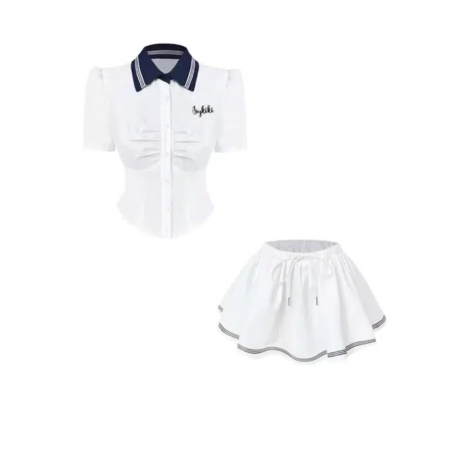 敲模女孩 学院风撞色短袖衬衫时尚上衣条纹半裙裙装套装 女款