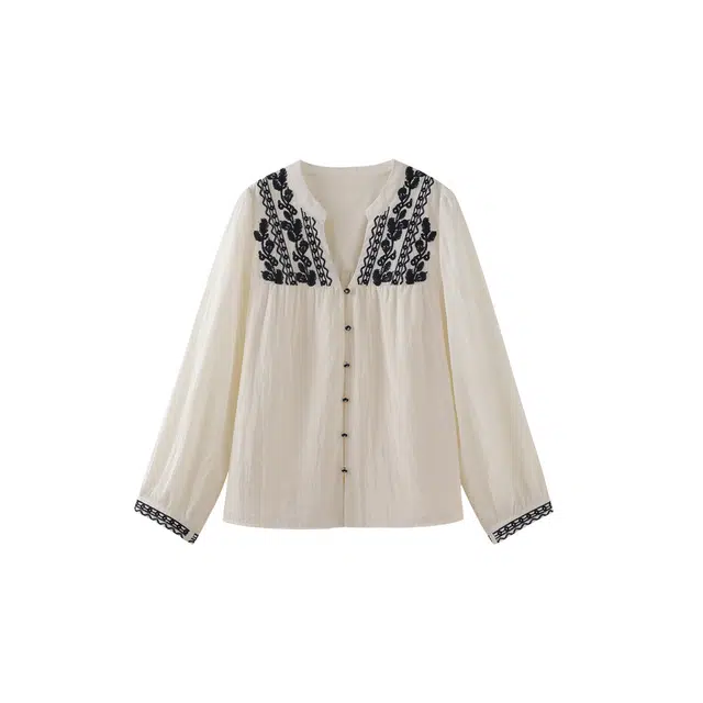 花栗鼠小姐 波尔多夏天法式秘境淡雅艺术感刺绣领口拼接长袖衬衫 女款