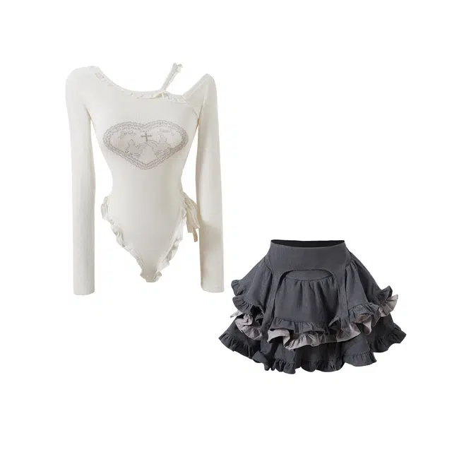 花山家的猫 简约舒适套头长袖爱心兔子十字架图案收腰多层蛋糕裙制服 女款