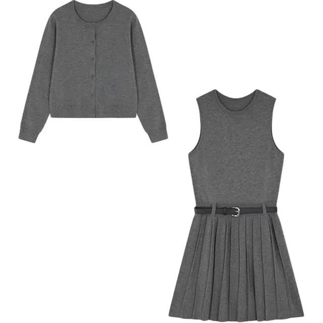 沫晗依美 简约通勤休闲长袖上衣时尚舒适连衣裙裙装套装 女款 灰色